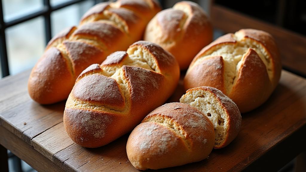 갓 구운 빵들이 가지런히 놓여있는 모습