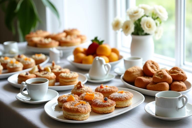 다양한 페이스트리와 샌드위치가 정갈하게 차려진 케이터링 테이블